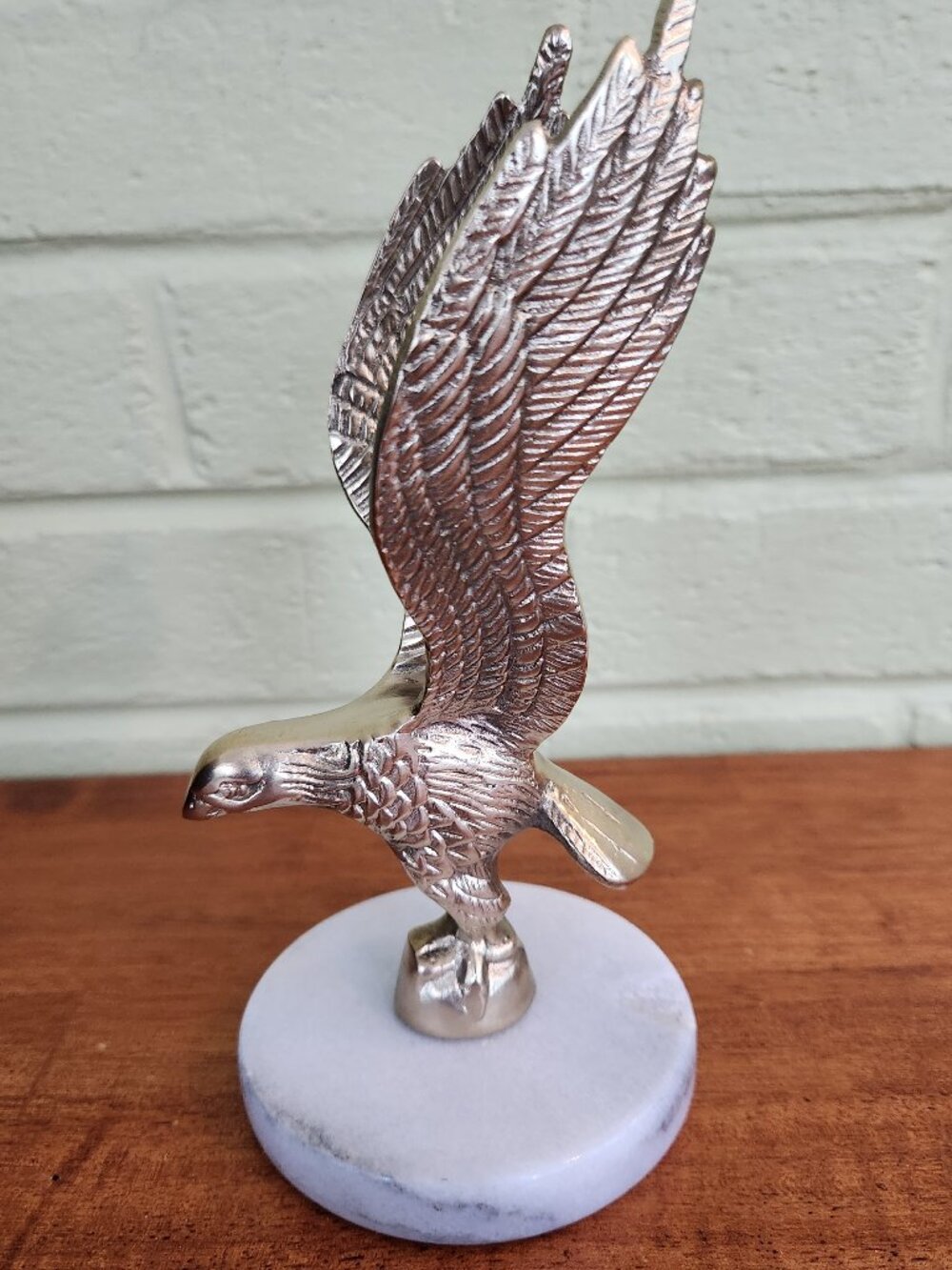 Vintage Solid Brass Eagle Paperweight 7” Diving Eagle On White Marble Stone VTG